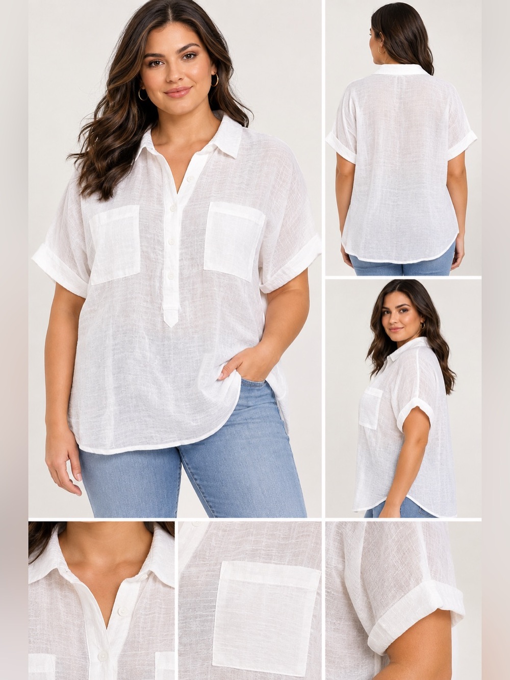 NWT Zac & Rachel Woman White Semi Sheer Collared Blouse 2X